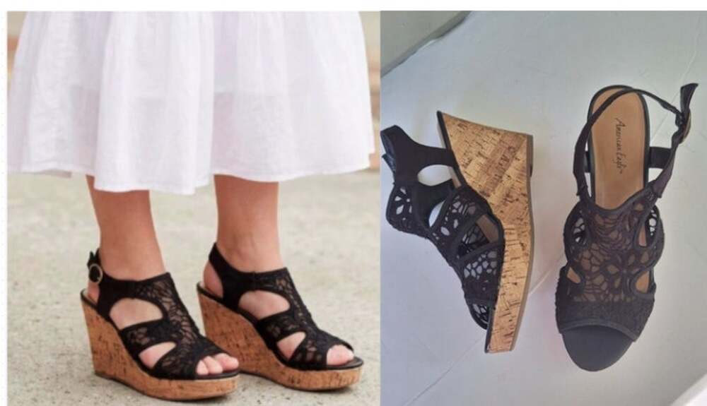 American Eagle Black Floral Lace Cork High Wedge Sandal Heels Size 10 Bohemian